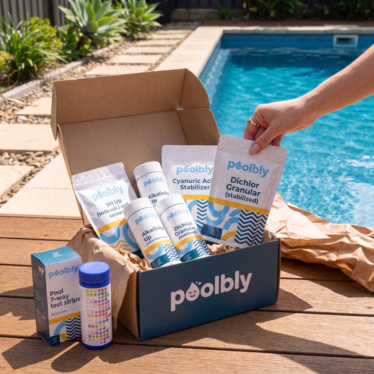 Poolbly box opened by the pool with chemicals inside